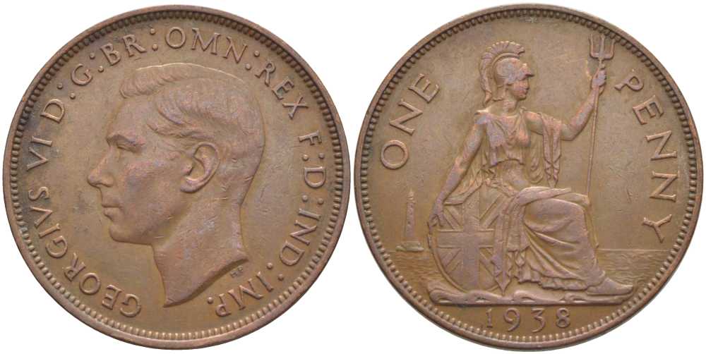 Великобритания 1 пенни 1938 Георг VI (1936-1952) КМ 845, Spink 4114 бронза 115-341