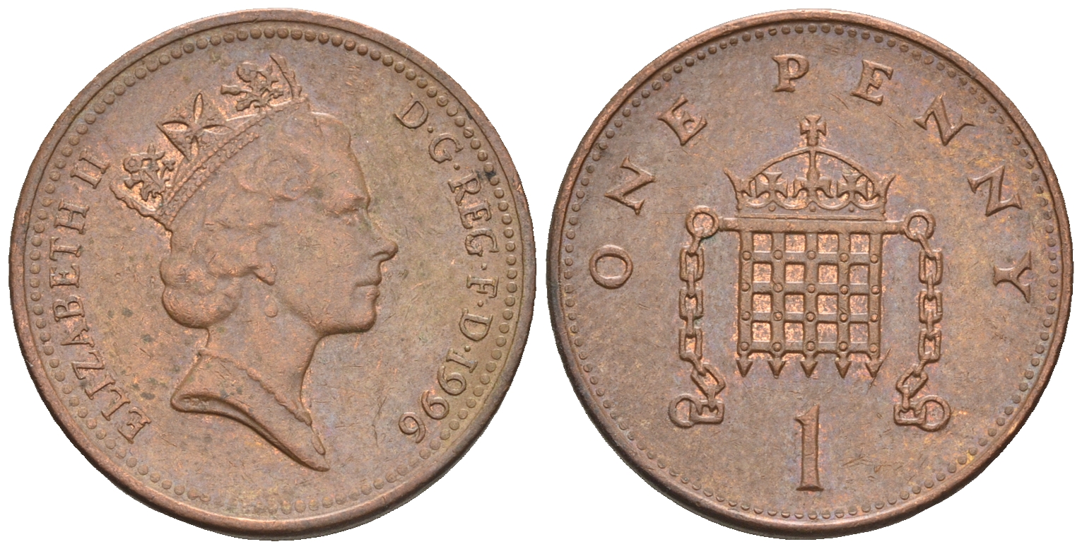 Великобритания 1 пенни 1996 Елизавета II (1952-2022) KM 935a, Spink 4391 (B4) сталь плакированная медью 4609-536