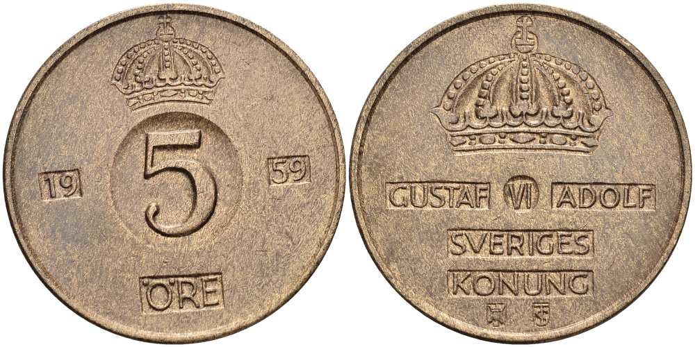 Швеция 5 эре 1959 TS, Густав VI Адольф (1950-1973) KM 822 бронза 4519-327