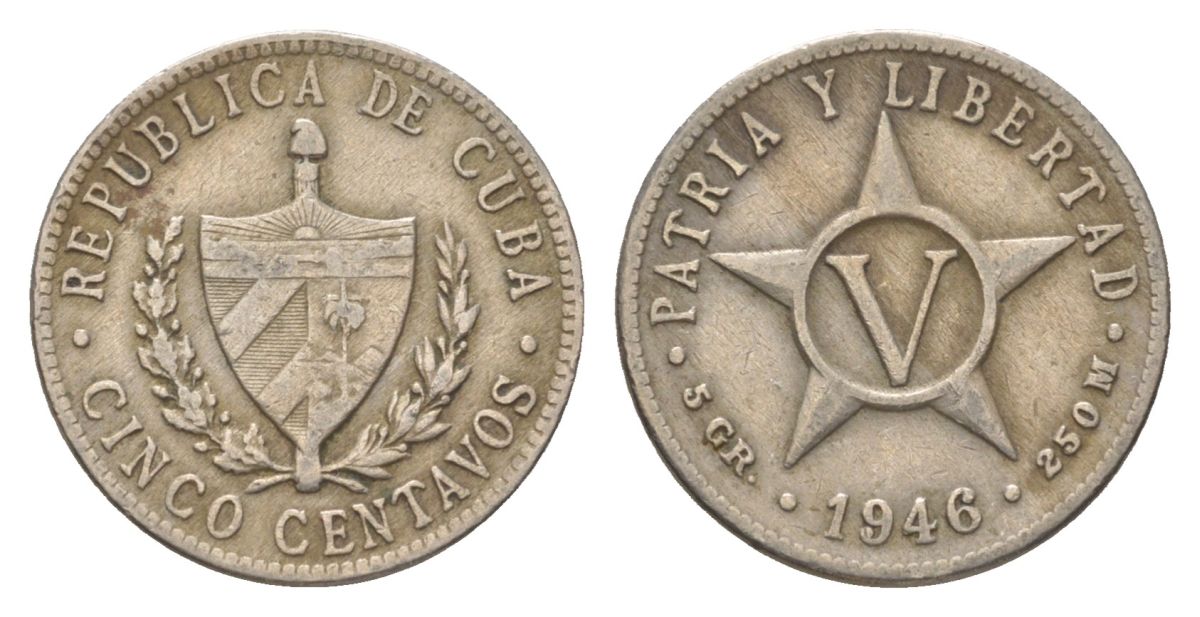 Куба 5 сентаво 1946 звезда, первая Республика (1902-1961) KM 11.3 медно-никель 4623-824