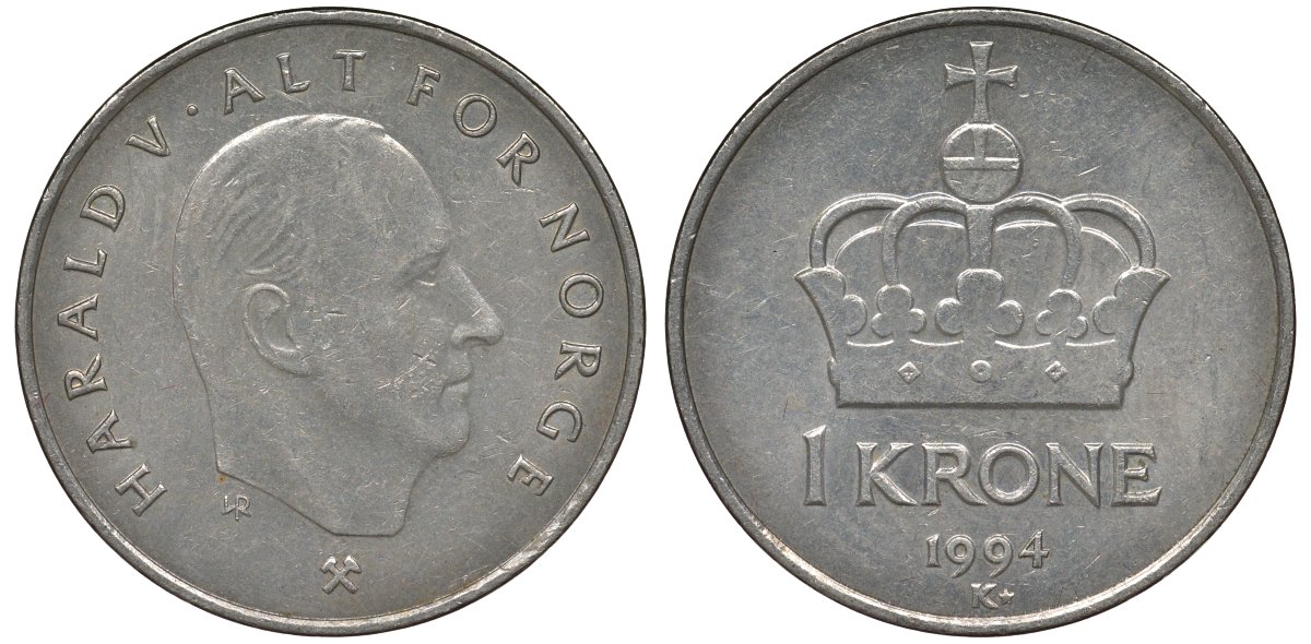 Норвегия 1 крона 1994 Харальд V (1991-) KM 436 медно-никель 4128-1225