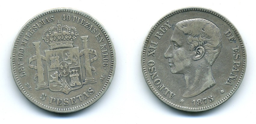 ИСПАНИЯ 5 ПЕСЕТ 1875 DE-M, АЛЬФОНСО XII KM 671 серебро 7-5-44-21