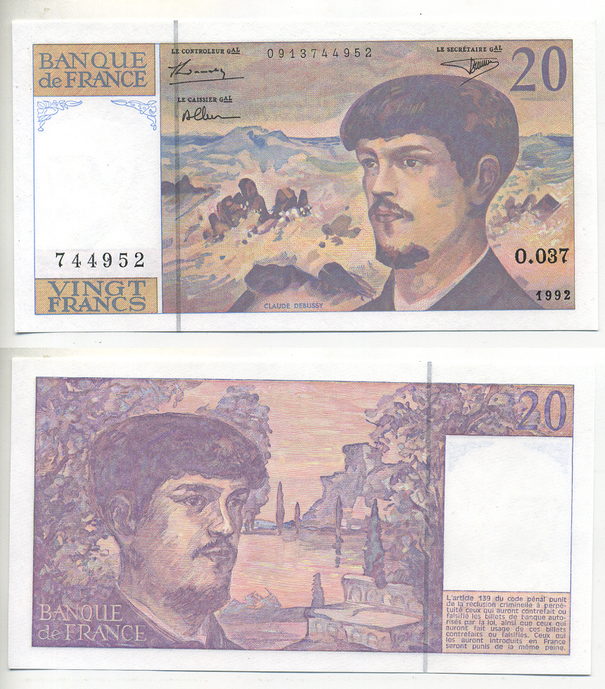 ФРАНЦИЯ 20 ФРАНКОВ 1992 Pick 151f бумага UNC (ПРЕСС) 7553-41-1