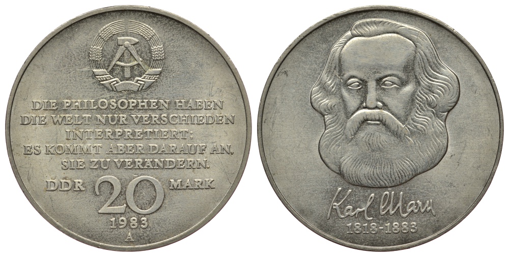 ГДР 20 марок 1983 А, 100 лет со дня смерти Карла Маркса (1818-1883) J. 1592, KM 95 медь никель цинк UNC 413-1511