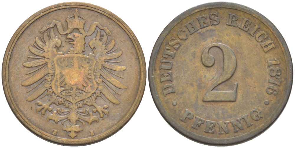 ГЕРМАНИЯ 2 ПФЕННИГА 1876 B, СТАРОГЕРБОВКА KM 2, J. 2, Weege 3 медь 212-655