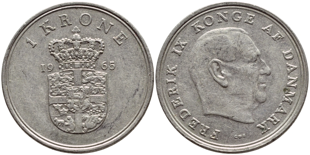 ДАНИЯ 1 КРОНА 1965 C; S, ФРЕДЕРИК IX (1947-1972) KM 851.1 медно-никель 4398-1021