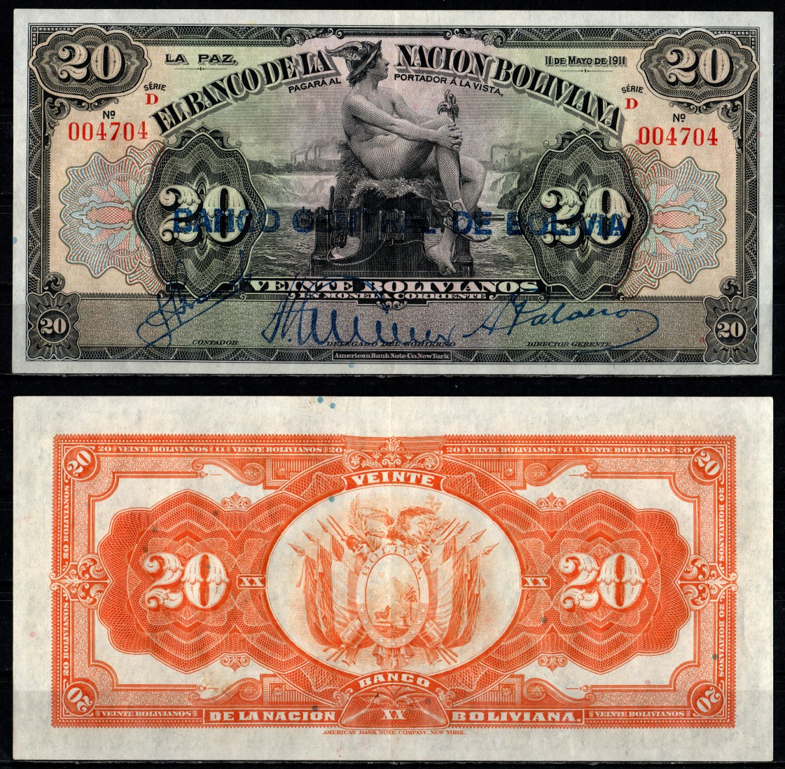 Боливия 20 боливиано 1911 (1929) надпечатка на Pick 109B, серия D Pick 115 a(2)  бумага   451-1386-2