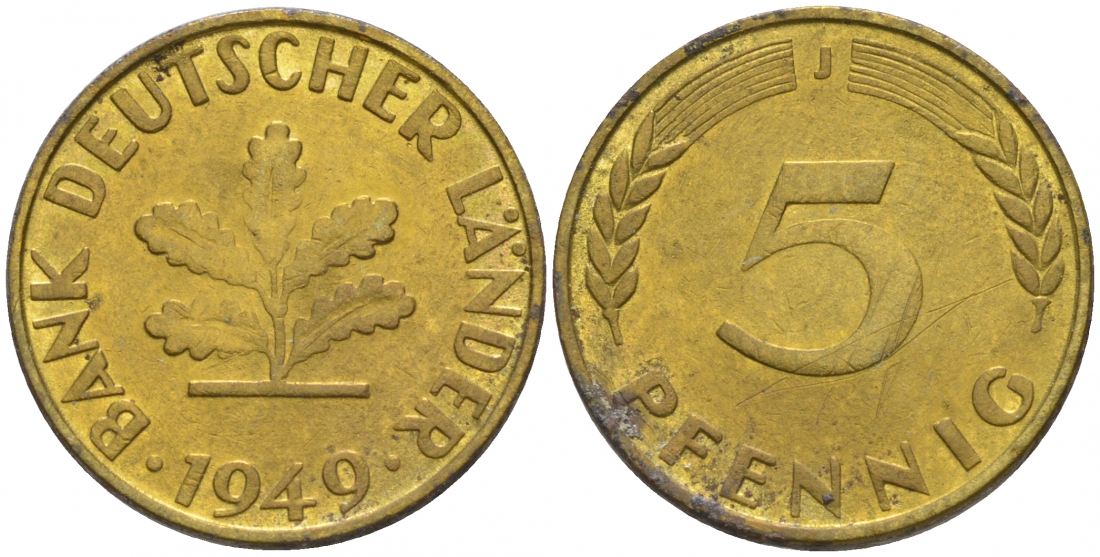 ФРГ 5 ПФЕННИГОВ 1949 J KM 102, J. 377 сталь плакированная латунью 44-139