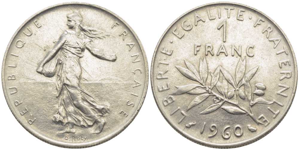 ФРАНЦИЯ 1 ФРАНК 1960 СЕЯТЕЛЬ KM 925.1, LE FRANC 226.4 никель 175-516