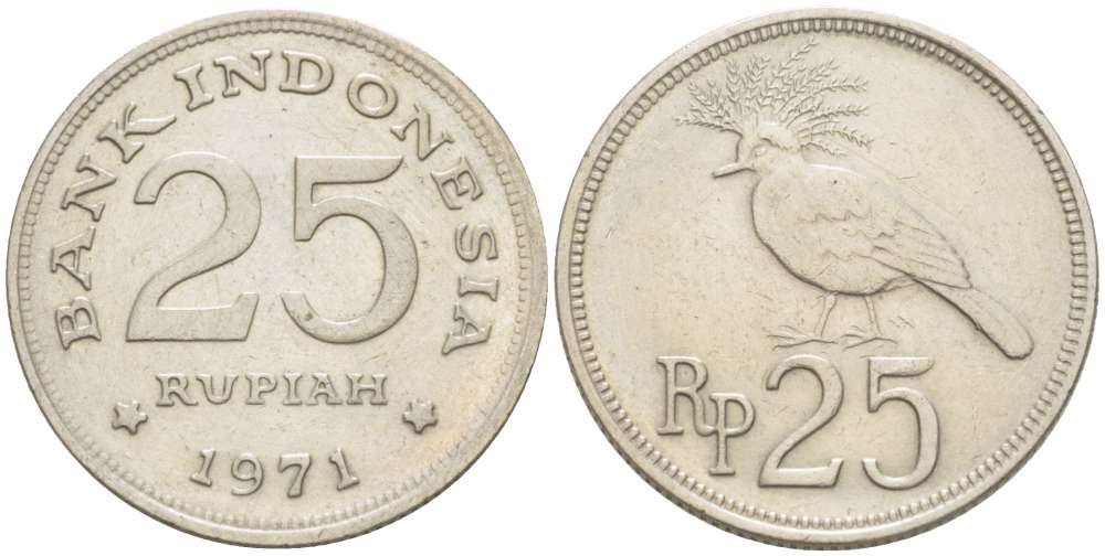 Индонезия 25 рупий 1971 венценосный голубь KM 34 медно-никель 4519-723