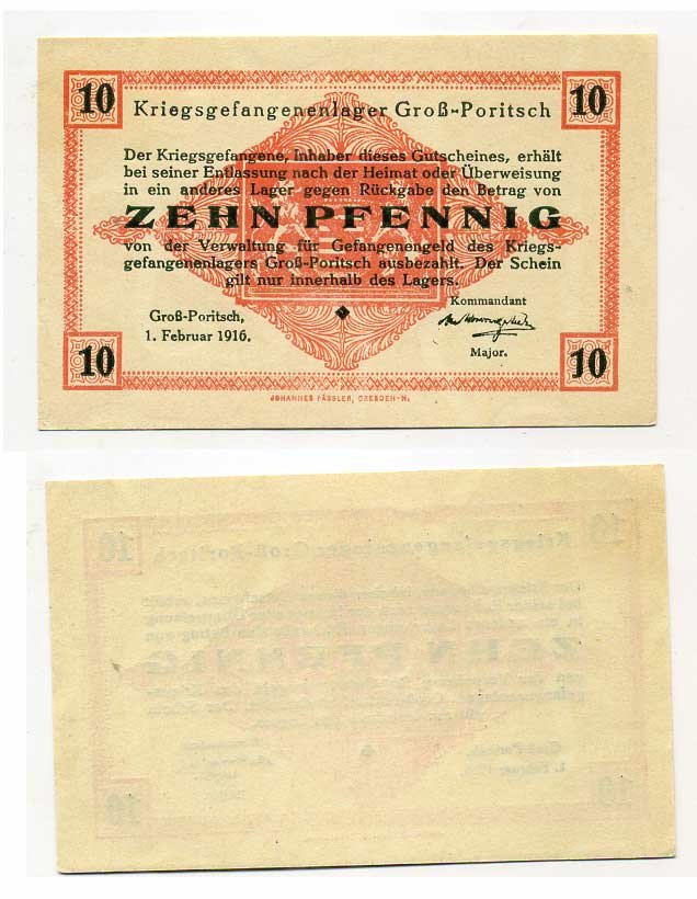 Германия 10 пфеннигов ND GROSS-PORITSCH, лагерь военнопленных C-3046 бумага UNC (пресс) 504-29-2-1