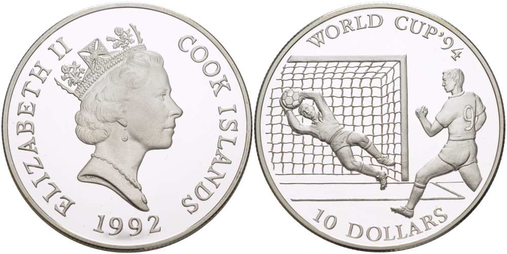 Острова Кука 10 долларов 1992 чемпионат мира по футболу в США 1994 года, игрок и вратарь KM 254 серебро PROOF 1085-8-12