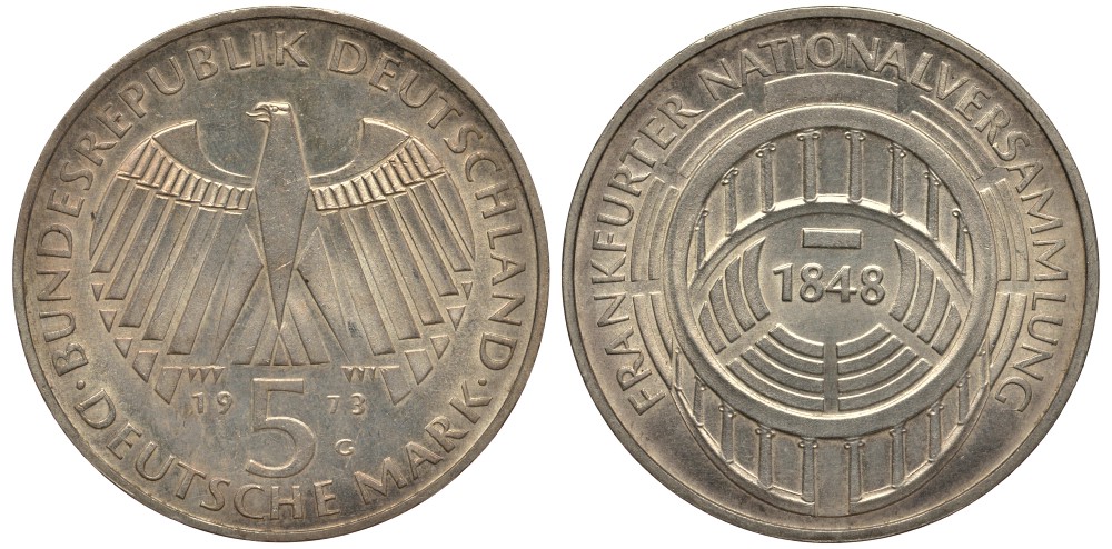 ФРГ 5 МАРОК 1973 G, 125 ЛЕТ ФРАНКФУРТСКОМУ ПАРЛАМЕНТУ KM 137, J. 412 серебро UNC 413-4812