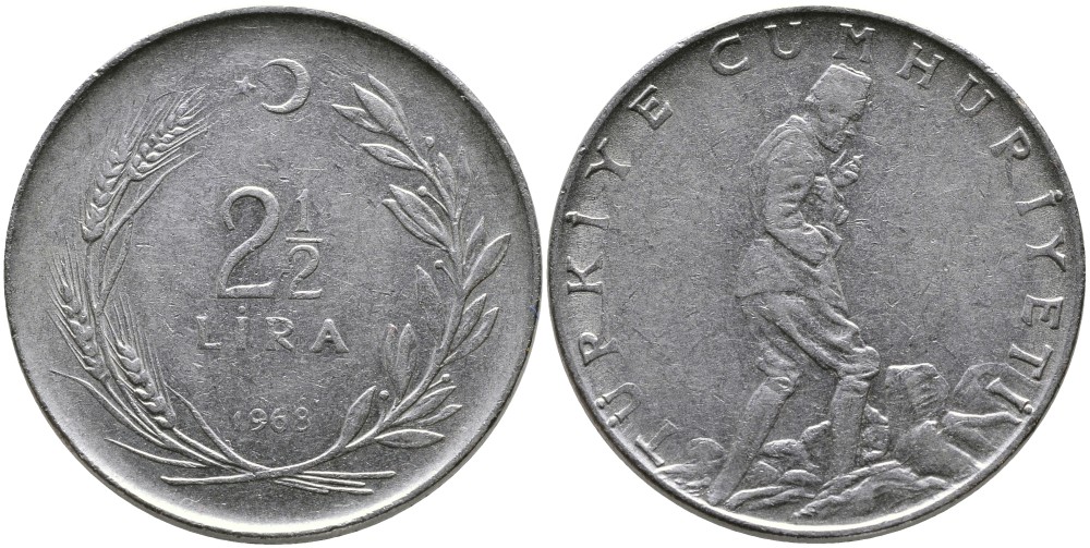 ТУРЦИЯ 2 1/2 ЛИРЫ 1968 KM 893.1 нержавеющая сталь 29-613