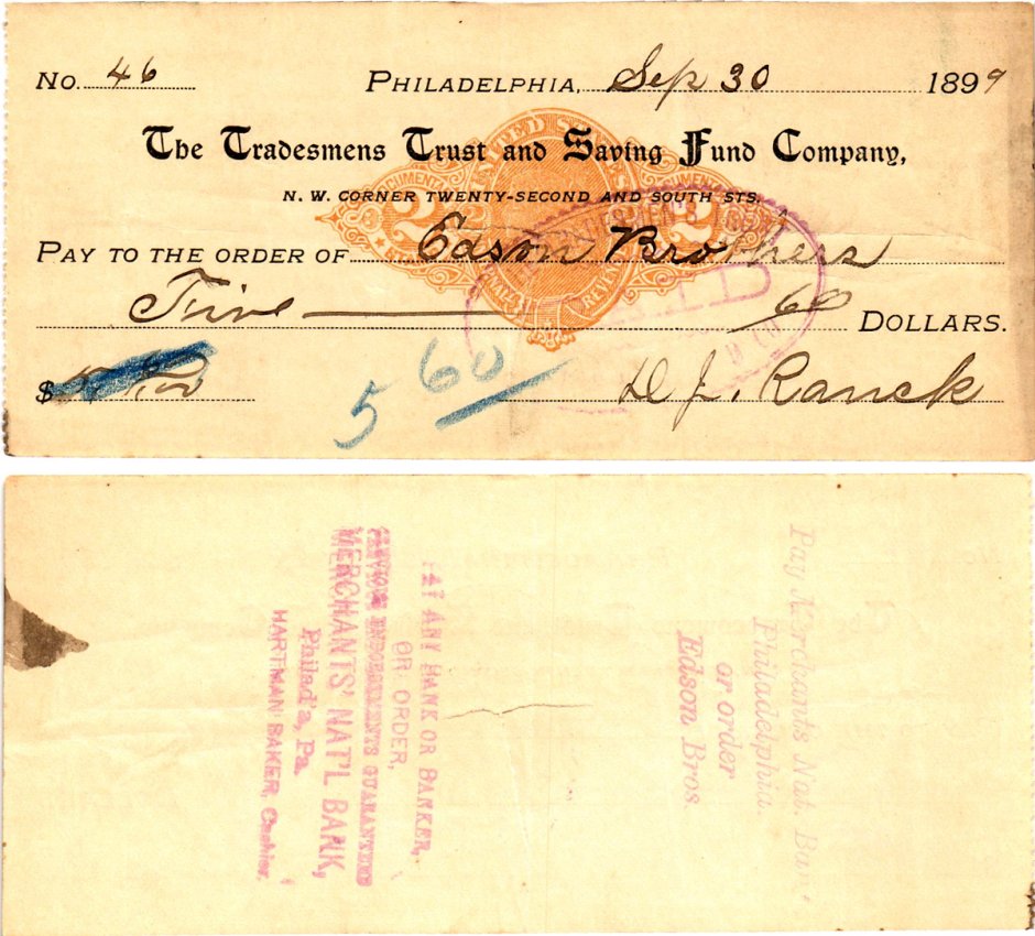 США чек на 5,60 долларов 1899 Филадельфия бумага 2196-42-1-2