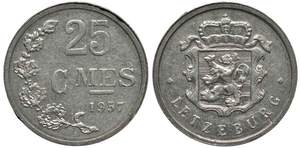 Люксембург 25 сантимов 1957 Шарлотта (1918-1964) KM 45a.1 алюминий 4538-843