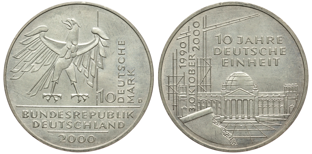 ФРГ 10 марок 2000 D, 10 лет немецкого единства KM 201 серебро 413-2723