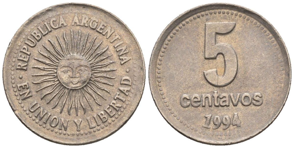 Аргентина 5 сентаво 1994 майское солнце, широкие буквы KM 109a2, CJ 2, Schon 109a медно-никель 4609-1237