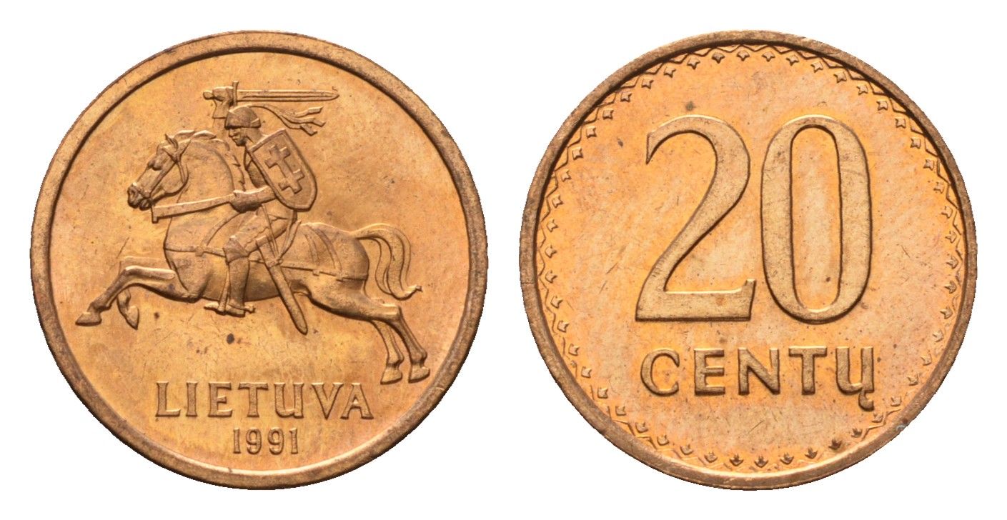 Литва 20 центов (сентов) 1991 год-тип KM 89 бронза UNC 4694-1227