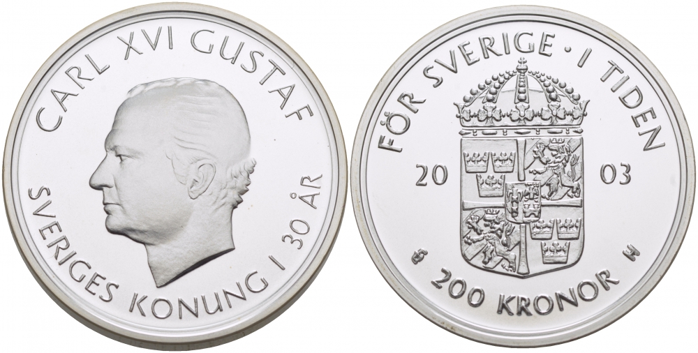 Швеция 200 крон 2003 Карл XVI Густав (1973- ), 30 лет правления KM 902 серебро UNC 00-000-00