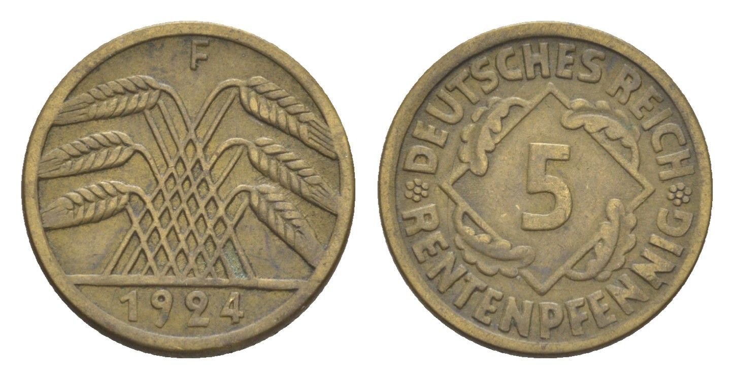 Германия 5 рентенпфеннигов 1924 F KM 32, J. 308 алюминиевая бронза 4636-446
