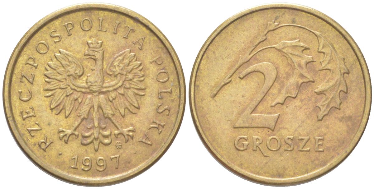 Польша 2 гроша 1997 Y 277 марганец латунь 4614-261