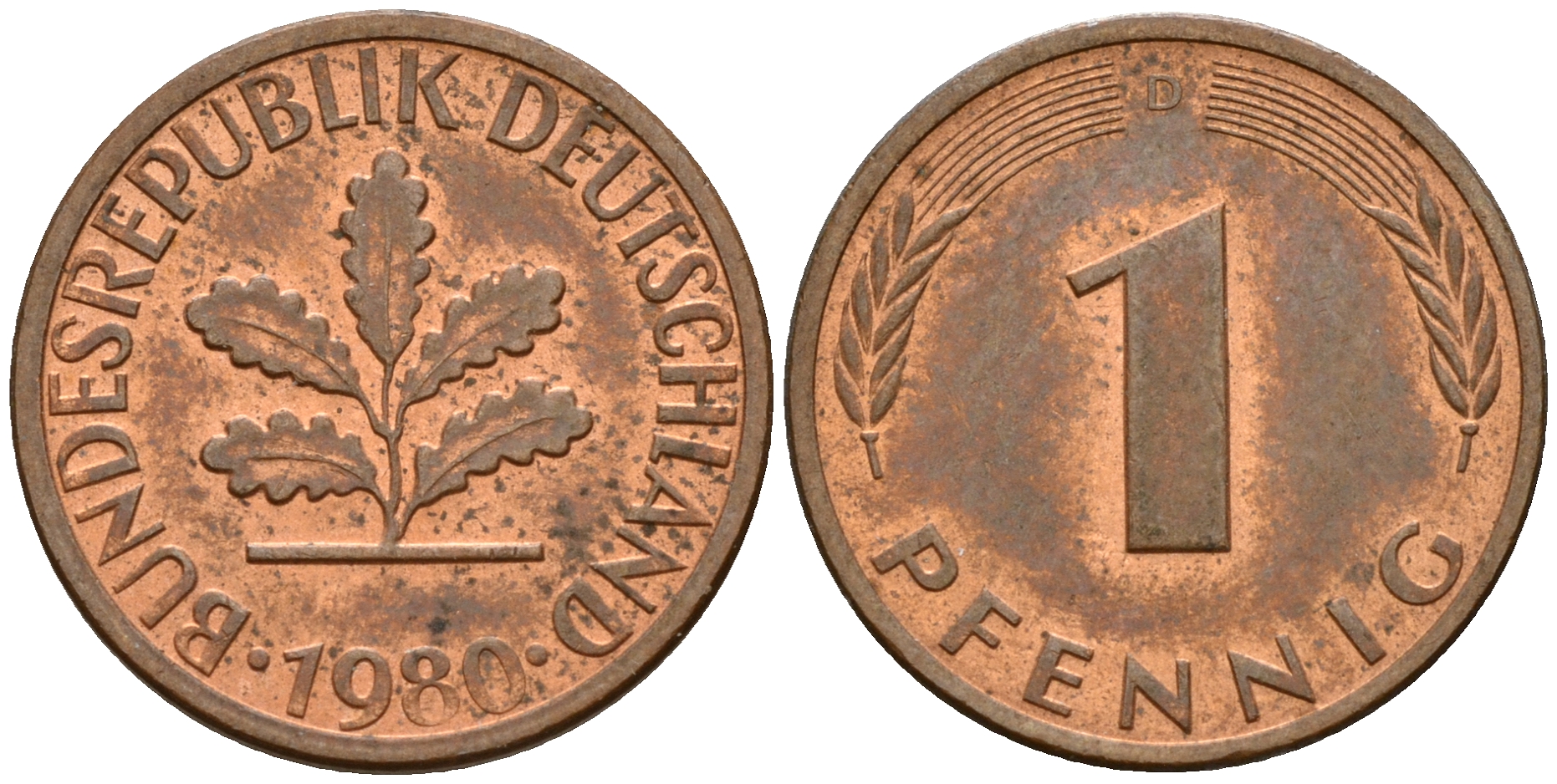 ФРГ 1 пфенниг 1980 D KM 105, J. 380 сталь плакированная медью    4598-566