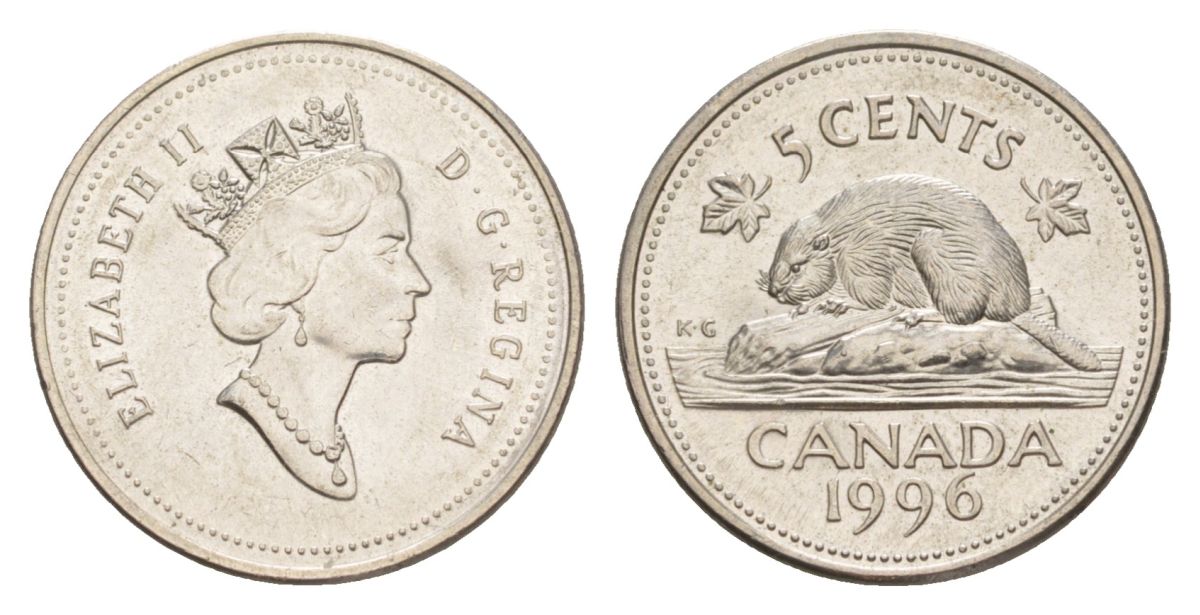 Канада 5 центов 1996 Елизавета II (1952-2022), бобр KM 182 медно-никель aUNC 4630-746