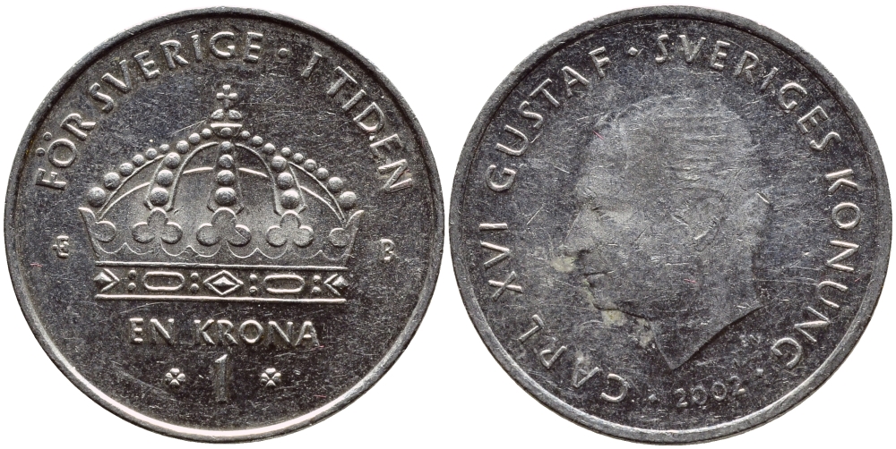 Швеция 1 крона 2002 Карл XVI Густав (1973- ) KM 894 медно-никель 4364-623