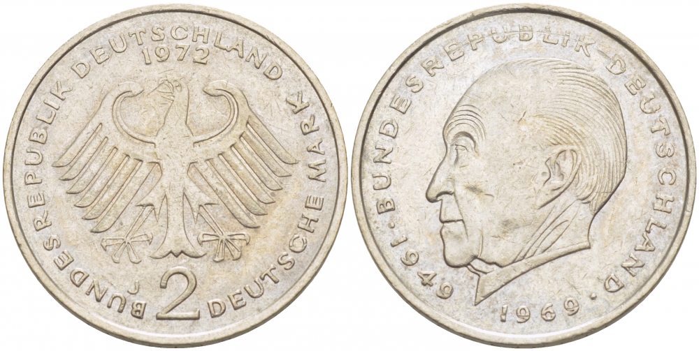 ФРГ 2 марки 1972 J, Конрад Аденауэр J 406, KM 124 медно-никель плакированный никелем 3996-911