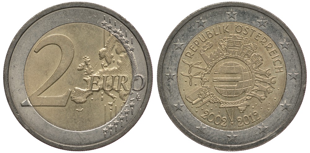 Австрия 2 евро 2012 10 лет монетарной политике и наличному евро KM 3205 биметалл 4384-241