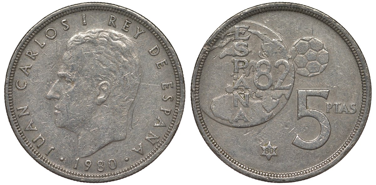 Испания 5 песет 1980 (80) чемпионат мира по футболу KM 817 медно-никель 4128-1025