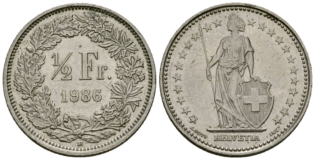 Швейцария 1/2 франка 1986 B KM 23a медно-никель 181-151