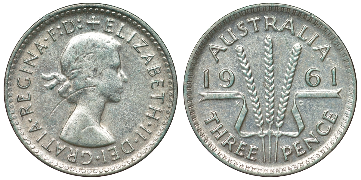 Австралия 3 пенса 1961 m, Елизавета II (1952-2022) KM 57 серебро 71-736