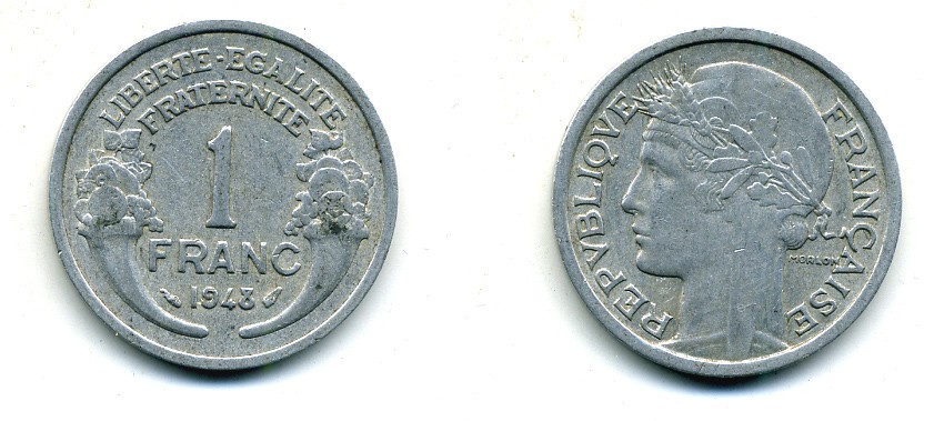 ФРАНЦИЯ 1 ФРАНК 1948 ТИП MORLON, LEGERE KM 885a.1, LE FRANC 221.13 алюминий 84-511