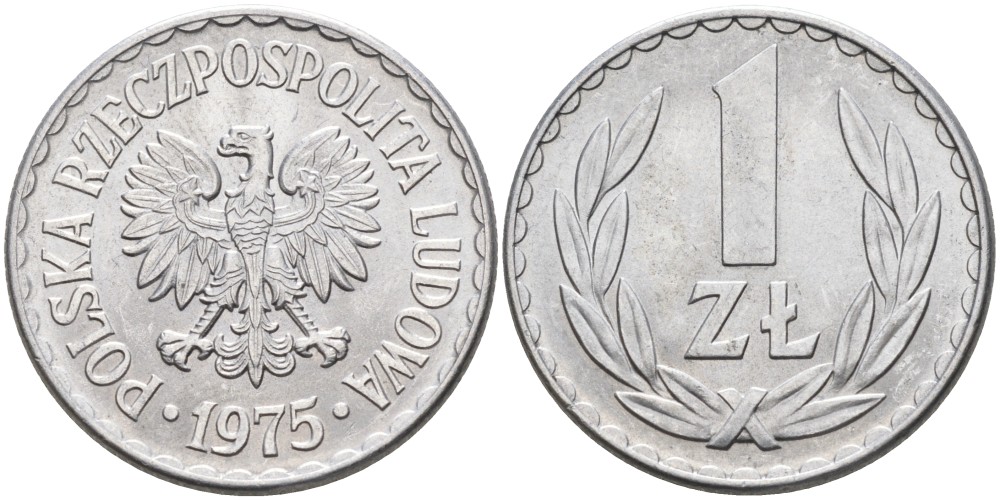 ПОЛЬША 1 ЗЛОТЫЙ 1975 MW KM 49.1 алюминий UNC 86-731
