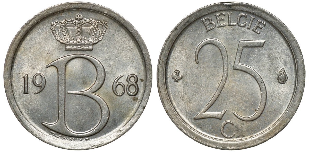 Бельгия 25 сантимов 1968 Belgie, Бодуэн I (1951-1993) KM 154.1 медно-никель 72-656