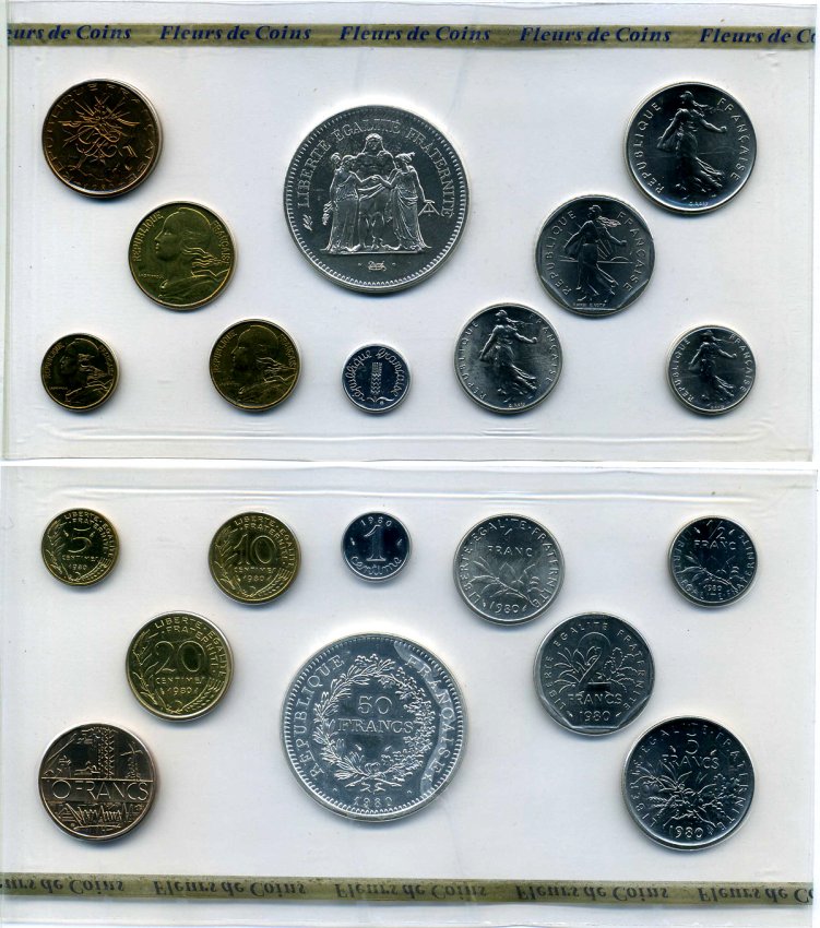 Франция набор из 10 монет 1980 FDC SET (FLEUR DE COIN), запайка, в оригинальной упаковке с сертификатом KM SS 17 UNC 5-4-4-16