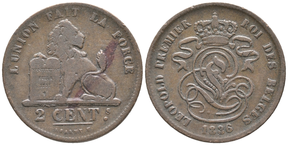 БЕЛЬГИЯ 2 САНТИМА 1836 KM 4.2 медь 34-336