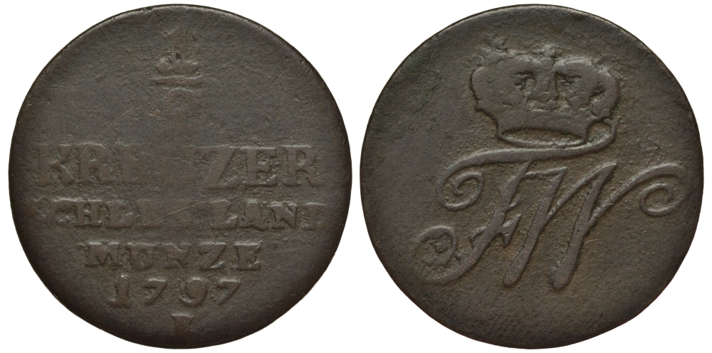 Силезия 1/2 крейцера 1797 B, Фридрих Вильгельм II Прусский (1786-1797), вес 3,7 гр., монетный двор Бреслау KM 47, Olding 20a, Jaeger 9 медь 1516-1121