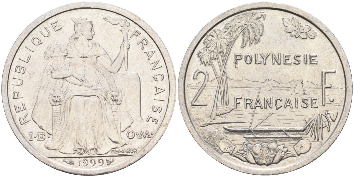 Французская Полинезия 2 франка 1999 KM 10 алюминий 4126-1121
