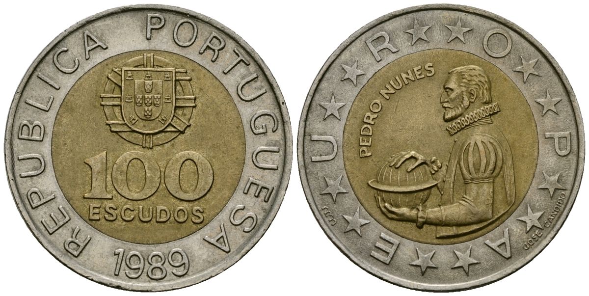 Португалия 100 эскудо 1989 Педру Нуниш (1502-1578), математик KM 645.1 биметалл 4551-741
