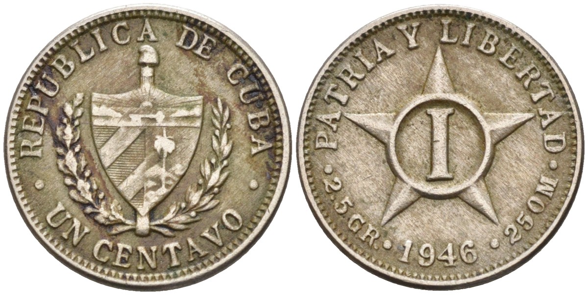 Куба 1 сентаво 1946 звезда, первая Республика (1902-1961) KM 9.2 медно-никель 3955-365
