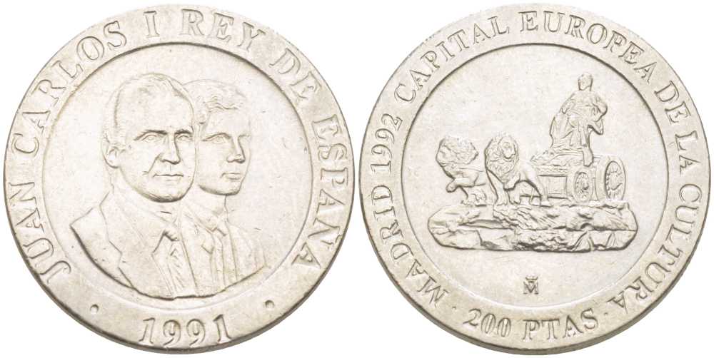 Испания 200 песет 1991 Мадрид, культурная столица Европы, повозка запряженная львами, Хуан Карлос I (1975-2014) KM 884 медно-никель 213-226