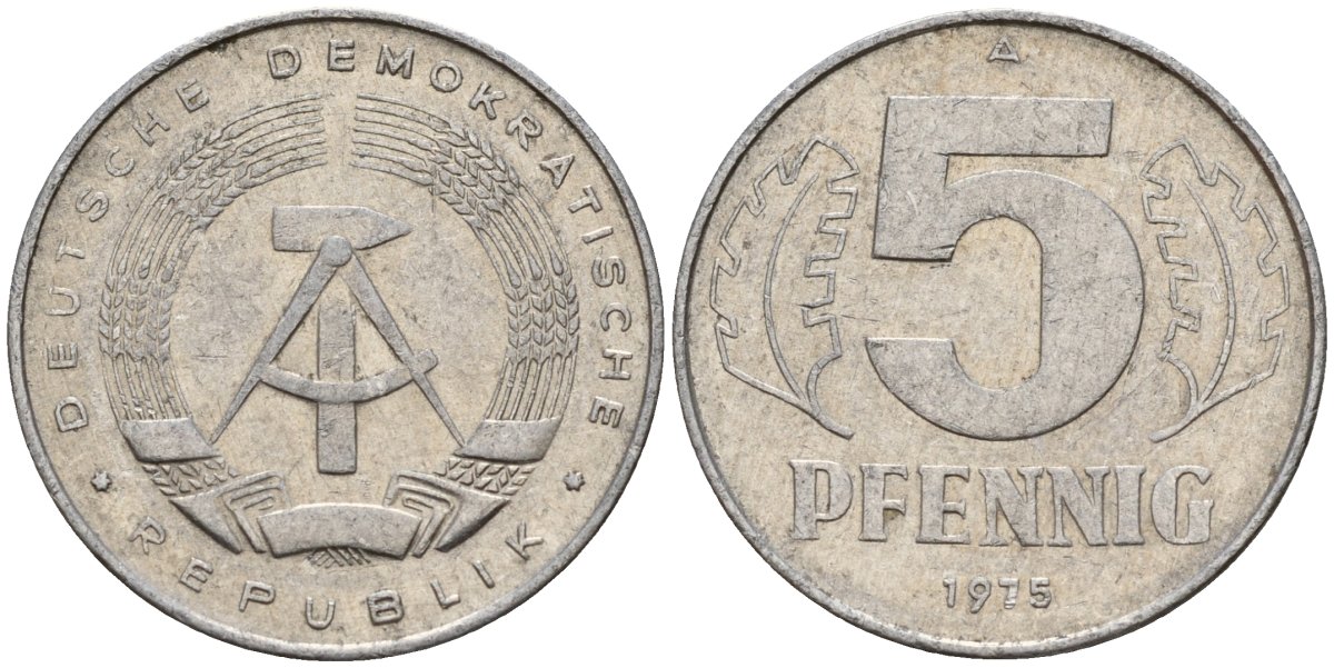 ГДР 5 пфеннигов 1975 A KM 9.1 алюминий 218-948