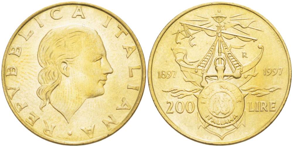 ИТАЛИЯ 200 ЛИР 1997 R, 100 ЛЕТ ИТАЛЬЯНСКОЙ МОРСКОЙ ЛИГЕ (1897-1997) KM 186 латунь 4529-232