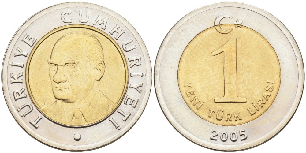 Турция 1 новая лира 2005 Кемаль Ататюрк KM 1169 биметалл UNC 4561-152
