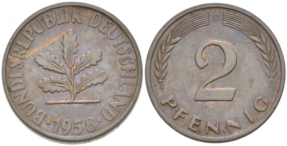ФРГ 2 ПФЕННИГА 1958 D KM 106, J. 381 бронза 3955-618