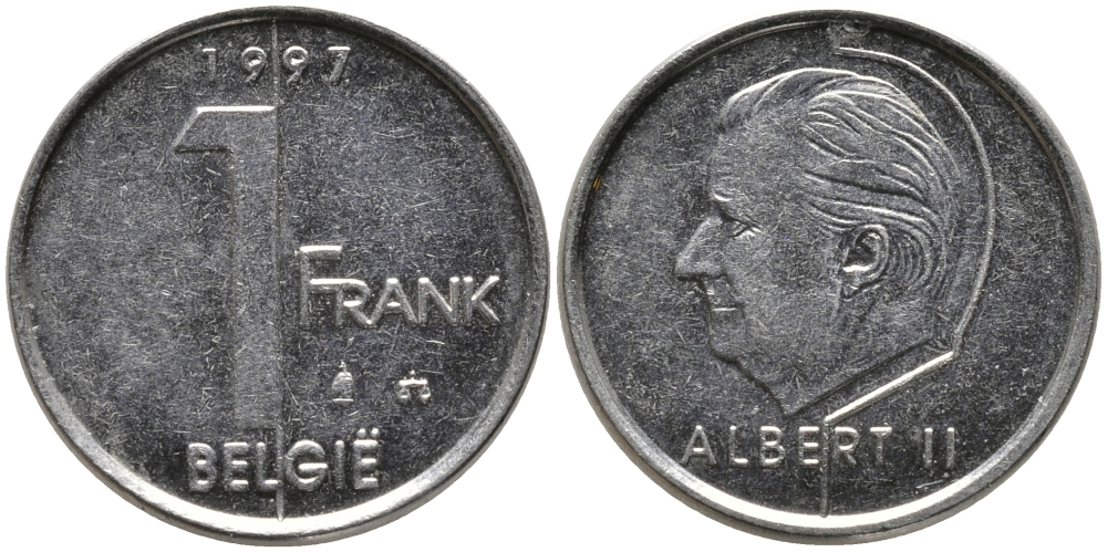 БЕЛЬГИЯ 1 ФРАНК 1997 BELGIE, АЛЬБЕРТ II (1993-) KM 188 железо плакированное никелем 99-1251