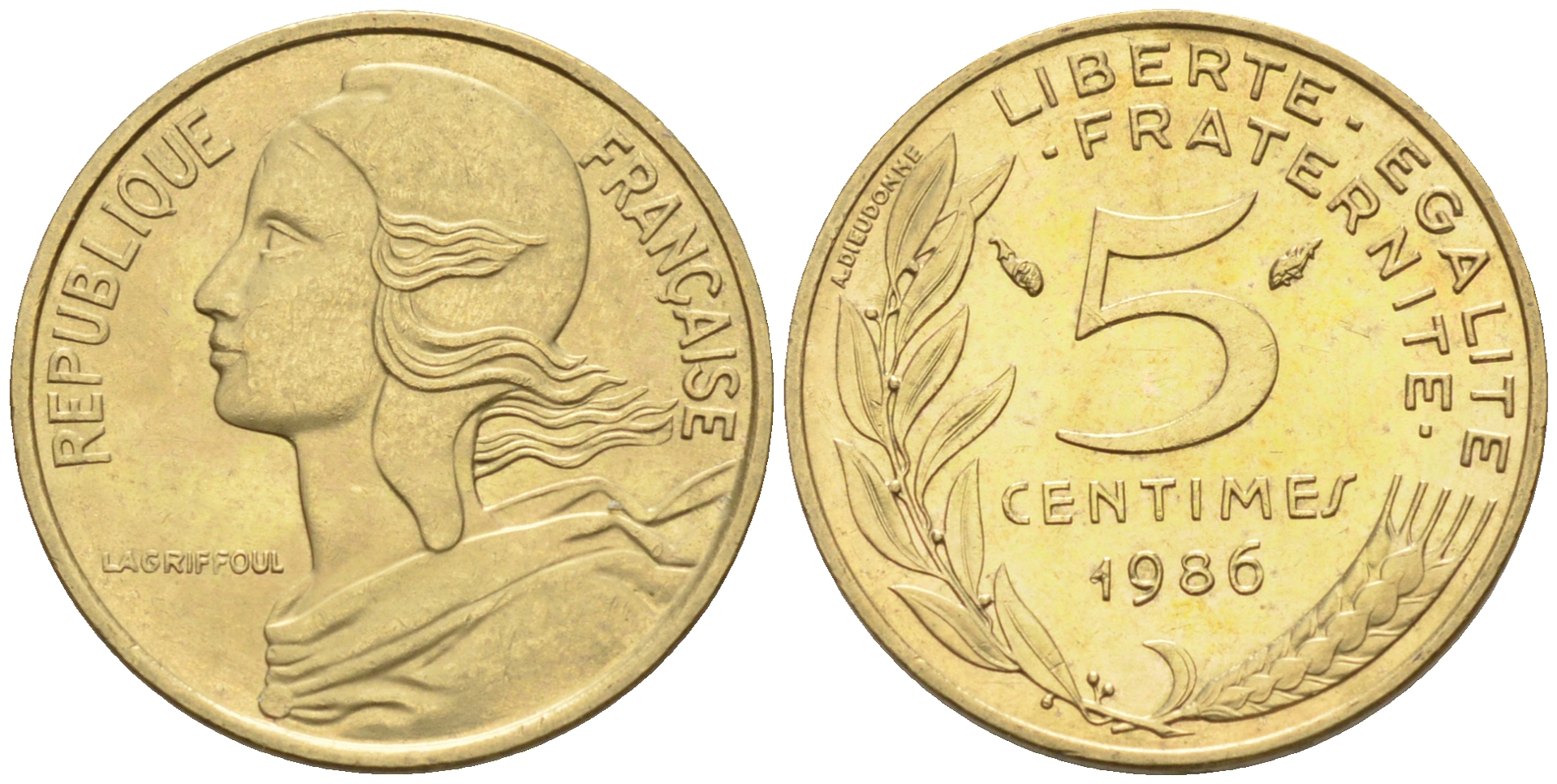 Франция 5 сантимов 1986 тип Марианна KM 933 никель алюминий медь    4594-1143